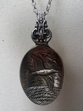 Handcrafted Spoon Pendant Necklace Sterling Silver Chain Seagull Motif